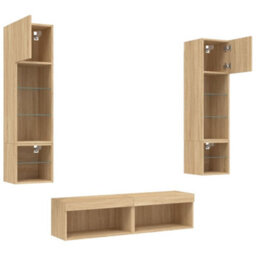 Walplus 6 Piece Tv Wall Units With Led Sonoma Oak Engineered Wood - thumbnail 6