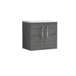 Nuie Arno Wall Hung 2-Door Vanity Unit With Laminate Worktop In Anthracite Woodgrain - thumbnail 1