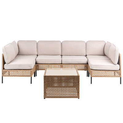 Beliani U-Shape Garden Sofa 6 Seater Omegana Modular Pe Rattan Light Beige - image 1