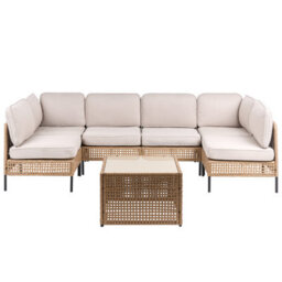 Beliani U-Shape Garden Sofa 6 Seater Omegana Modular Pe Rattan Light Beige - thumbnail 1