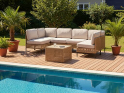 Beliani U-Shape Garden Sofa 6 Seater Omegana Modular Pe Rattan Light Beige - thumbnail 2