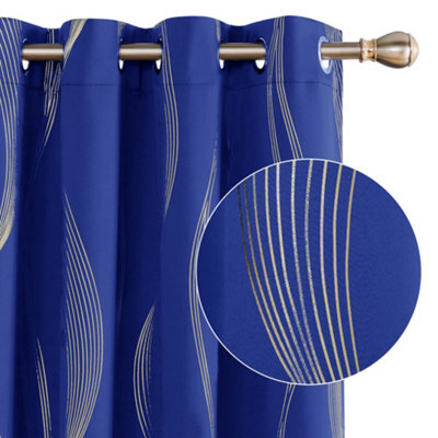 Deconovo Blackout Eyelet Curtains, Thermal Insulated Gold Wave Line Foil Printed Curtains, W46 X L54 Inch, Blue, 2 Panels - image 1