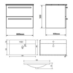 Clifton Bathroom 2-Drawer Wall Hung Vanity Unit With Mid Depth Ceramic Basin 800mm Wide - Silver Oak - Brassware Not Included - thumbnail 3