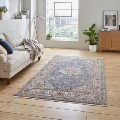 Blue Brown Terracotta Traditional Abstract Bordered 10mm Pile Rug For Bedroom, Living Room, & Dining Room-60Cm X 230Cm (Runner)