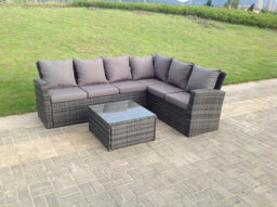 Fimous High Back Dark Grey Mixed Outdoor Garden Furniture Corner Rattan Sofa Set Square Coffee Table - thumbnail 2