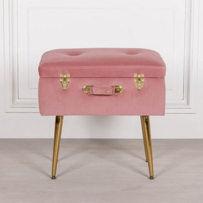 Amour Pink Velvet Gold Legs Upholstered Vanity Suitcase Bedroom Dressing Stool - image 1
