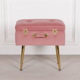 Amour Pink Velvet Gold Legs Upholstered Vanity Suitcase Bedroom Dressing Stool