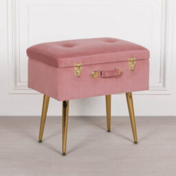 Amour Pink Velvet Gold Legs Upholstered Vanity Suitcase Bedroom Dressing Stool - thumbnail 2