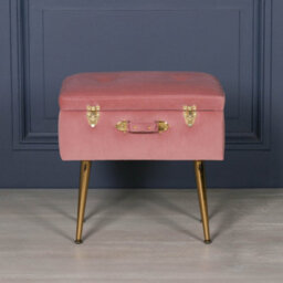 Amour Pink Velvet Gold Legs Upholstered Vanity Suitcase Bedroom Dressing Stool - thumbnail 5