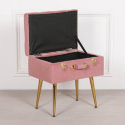 Amour Pink Velvet Gold Legs Upholstered Vanity Suitcase Bedroom Dressing Stool - thumbnail 4