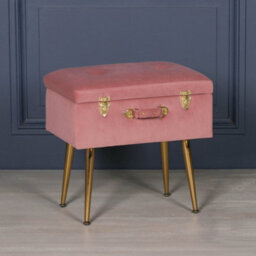 Amour Pink Velvet Gold Legs Upholstered Vanity Suitcase Bedroom Dressing Stool - thumbnail 6