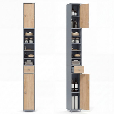 180Cm Tall Slim Bathroom Cabinet With 2 Doors 5 Adjustable Shelves Natural+Grey - image 1