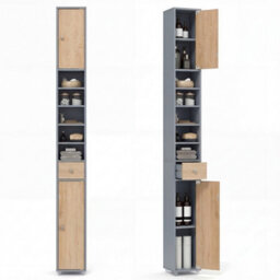 180Cm Tall Slim Bathroom Cabinet With 2 Doors 5 Adjustable Shelves Natural+Grey - thumbnail 1