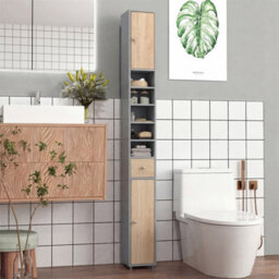 180Cm Tall Slim Bathroom Cabinet With 2 Doors 5 Adjustable Shelves Natural+Grey - thumbnail 3