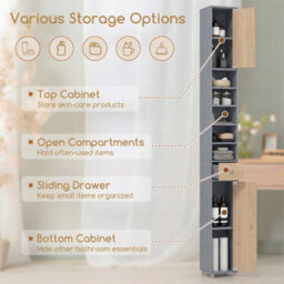 180Cm Tall Slim Bathroom Cabinet With 2 Doors 5 Adjustable Shelves Natural+Grey - thumbnail 5