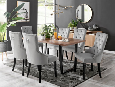 Furniturebox Kylo Brown Rectangular Wood Effect Dining Table & 6 Grey Velvet Belgravia Black Leg Chairs - image 1