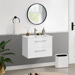Yaheetech White Wall Mounted Bathroom Vanity Unit Cabinet With Ceramic Basin - thumbnail 1