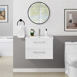 Yaheetech White Wall Mounted Bathroom Vanity Unit Cabinet With Ceramic Basin - thumbnail 3