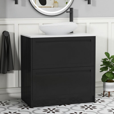 Royal Bathrooms Royal Bathroom Elmore 800mm Matt Nocturne Black Freestanding Bathroom Vanity Unit 2 Drawer Plain White Worktop With Nova Basin - image 1