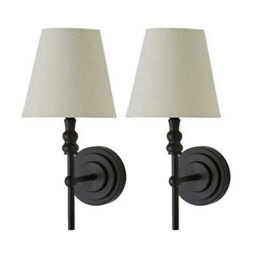 Valuelights Maggie Pair Of Black Candlestick Wall Lights With Linen Shade And Bulbs