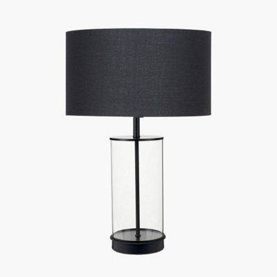 Pacific Lifestyle Clear Glass And Black Metal Table Lamp With Harry 35Cm Black Poly Cotton Cylinder Drum Shade