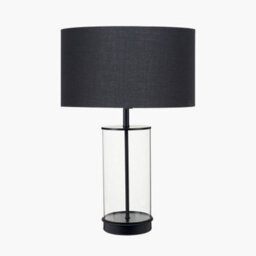 Pacific Lifestyle Clear Glass And Black Metal Table Lamp With Harry 35Cm Black Poly Cotton Cylinder Drum Shade