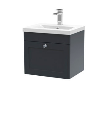 Nuie Classique Wall Hung 1 Drawer Unit & Mid-Edge Ceramic Basin, Stylish Sink Vanity Unit In Soft Black - image 1