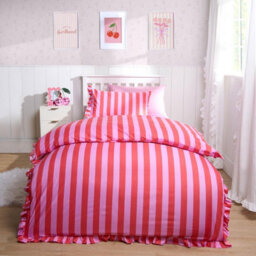 OHS Frill Duvet Cover Bedding Set Pillowcase Stripe Quilt Luxury, Pink - Double - thumbnail 2
