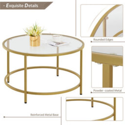 Yaheetech Modern Round Coffee Table With Glass Top Gold - thumbnail 4