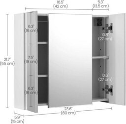 Songmics 3 Door Bathroom Wall Cabinet, Mirror Storage Unit With Adjustable Shelf, White - thumbnail 2
