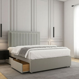 REGIONAL FURNISHINGS Silver Plush Velvet Divan Bed Set Upholstered 24Inch Headboard & 2Drawers Sameside & No Mattress In 3Ft 4Ft 4Ft6 5Ft 6Ft Sizes - thumbnail 2