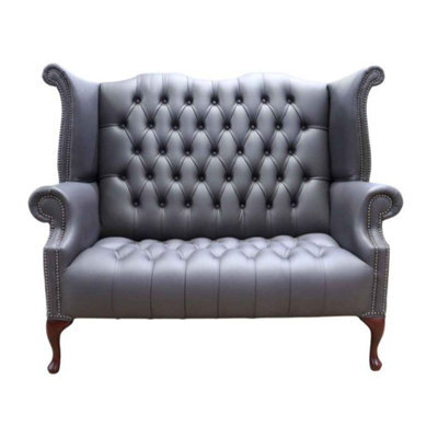 Chesterfield 2 Seater High Back Wing Chair Sofa Burnt Oak Leather In Queen Anne Style - image 1