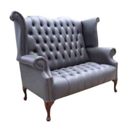 Chesterfield 2 Seater High Back Wing Chair Sofa Burnt Oak Leather In Queen Anne Style - thumbnail 2