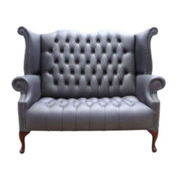 Chesterfield 2 Seater High Back Wing Chair Sofa Burnt Oak Leather In Queen Anne Style - thumbnail 1