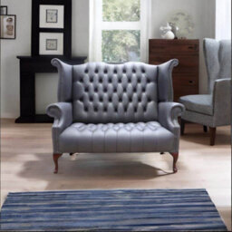 Chesterfield 2 Seater High Back Wing Chair Sofa Burnt Oak Leather In Queen Anne Style - thumbnail 3