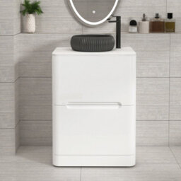 Royal Bathrooms Venice 600mm Gloss White Freestanding Bathroom Countertop Vanity Unit 2 Drawer With Milan Black Basin - thumbnail 1