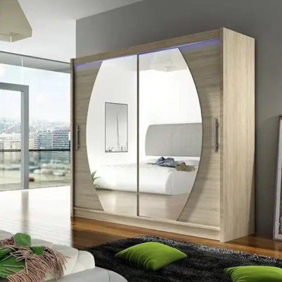 Bega Iv 180 Wardrobe 180 Cm Sliding Doors With Mirror Hanging Rail  Shelves Modern Bedroom Storage Sonoma Led - image 1