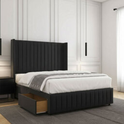 REGIONAL FURNISHINGS Divan Bed Set Black Plush Velvet Upholstered 54Inch Headboard & Footboard 2Drawersfootend & Mattress In 4Ft 4Ft6 5Ft 6Ft - thumbnail 1