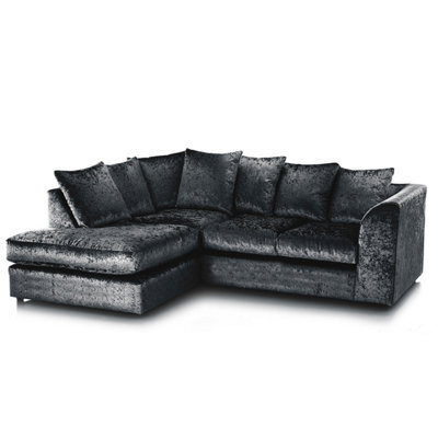 Furnishings For Less UK Crystal Crushed Velvet Fabric 3 To 4 Seater L Shaped Corner Sofa Black Left Hand Facing - Scatter Back - image 1