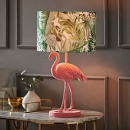 Valuelights Pink Velvet Flamingo Bedside Table Lamp With Tropical Palm Leaf Drum Lampshade Animal Light - Bulb Included - thumbnail 2
