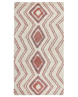 Wyld And Coco Geometric Hand-Tufted Cotton Rug 80 X 150 Cm Beige With Pink Accents Shaggy Boho. - image 1