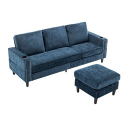 Living And Home Blue Chenille Upholstered L-Shaped 3-Seater Sectional Sofa With Ottoman - thumbnail 3