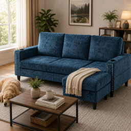 Living And Home Blue Chenille Upholstered L-Shaped 3-Seater Sectional Sofa With Ottoman - thumbnail 1