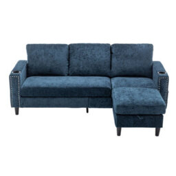 Living And Home Blue Chenille Upholstered L-Shaped 3-Seater Sectional Sofa With Ottoman - thumbnail 4