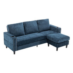 Living And Home Blue Chenille Upholstered L-Shaped 3-Seater Sectional Sofa With Ottoman - thumbnail 2