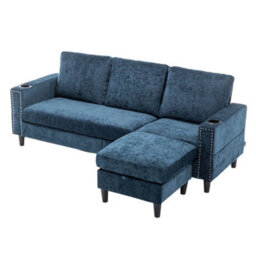 Living And Home Blue Chenille Upholstered L-Shaped 3-Seater Sectional Sofa With Ottoman - thumbnail 5