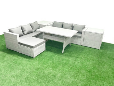 Fimous Rattan Garden Furniture Set 7 Seater Outdoor Sofa Set Dining Table 2 Side Tables Big Stool Light Grey - image 1