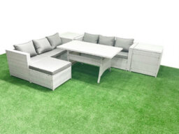 Fimous Rattan Garden Furniture Set 7 Seater Outdoor Sofa Set Dining Table 2 Side Tables Big Stool Light Grey - thumbnail 1