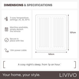 Livivo Dual Controller Electric Under Blanket King Size 165X137Cm W/ 3 Heat Levels Quick Heat Up Overheat Safety & Washable Design - thumbnail 9