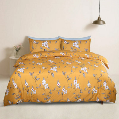 Bedlooms Ochre Flower Printed Duvet Cover Set, Reversible & Hypoallergenic Bedding Pack, Single 135X200Cm